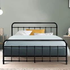 Metal Bed Frame Queen Size Platform Foundation Mattress Base Leo Black -Furniture Shop MBED C LEO Q BK 99