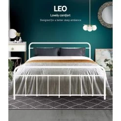 Metal Bed Frame Queen Size Platform Foundation Mattress Base Leo White -Furniture Shop MBED C LEO Q WH 02