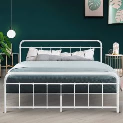 Metal Bed Frame Queen Size Platform Foundation Mattress Base Leo White -Furniture Shop MBED C LEO Q WH 99