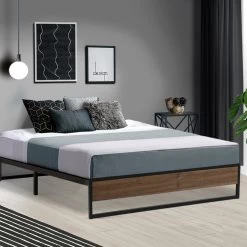 Metal Bed Frame Double Size Mattress Base Platform Foundation Wooden Black OSLO -Furniture Shop MBED C OSLO D BK 99