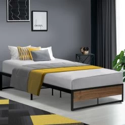 Metal Bed Frame King Single Size Mattress Base Platform Wooden Black OSLO -Furniture Shop MBED C OSLO KS BK 99