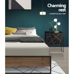 Metal Bed Frame Queen Size Mattress Base Platform Foundation Wooden Black OSLO -Furniture Shop MBED C OSLO Q BK 04