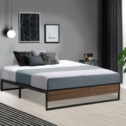 Metal Bed Frame Queen Size Mattress Base Platform Foundation Wooden Black OSLO -Furniture Shop MBED C OSLO Q BK 99