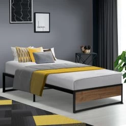 Metal Bed Frame Single Size Mattress Base Platform Foundation Wooden Black OSLO -Furniture Shop MBED C OSLO S BK 99