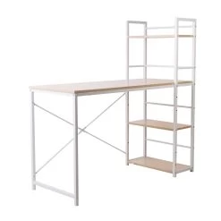 Artiss Metal Desk With Shelves – White With Oak Top