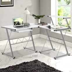 Artiss Corner Metal Pull Out Table Desk – White -Furniture Shop MET DESK 117 WH 99
