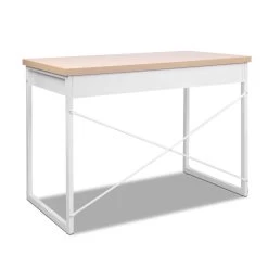 Artiss Metal Desk With Drawer – White With Wooden Top