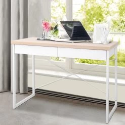Artiss Metal Desk With Drawer – White With Wooden Top -Furniture Shop MET DESK 118 OA 99