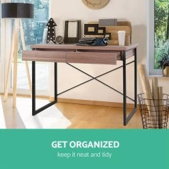 Artiss Metal Desk With Drawer – Walnut -Furniture Shop MET DESK 118 WN 05