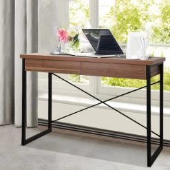 Artiss Metal Desk With Drawer – Walnut -Furniture Shop MET DESK 118 WN 99