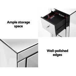 Artiss Mirrored Bedside Table Drawers Furniture Mirror Glass Quenn Silver -Furniture Shop MF BT 6464 SR 02