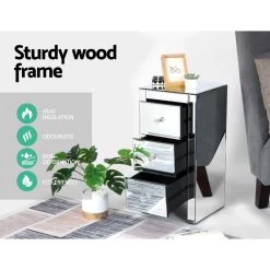 Artiss Mirrored Bedside Table Drawers Furniture Mirror Glass Quenn Silver -Furniture Shop MF BT 6464 SR 04