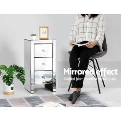 Artiss Mirrored Bedside Table Drawers Furniture Mirror Glass Quenn Silver -Furniture Shop MF BT 6464 SR 05