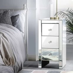 Artiss Mirrored Bedside Table Drawers Furniture Mirror Glass Quenn Silver -Furniture Shop MF BT 6464 SR 06