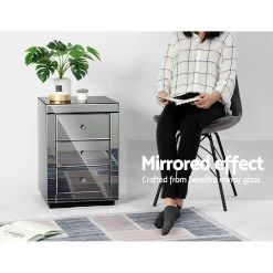 Artiss Mirrored Bedside Table Drawers Furniture Mirror Glass Presia Smoky Grey 12 Artiss Mirrored Bedside Table Drawers Furniture Mirror Glass Presia Smoky Grey -Furniture Shop MF BT 7181 GY 03