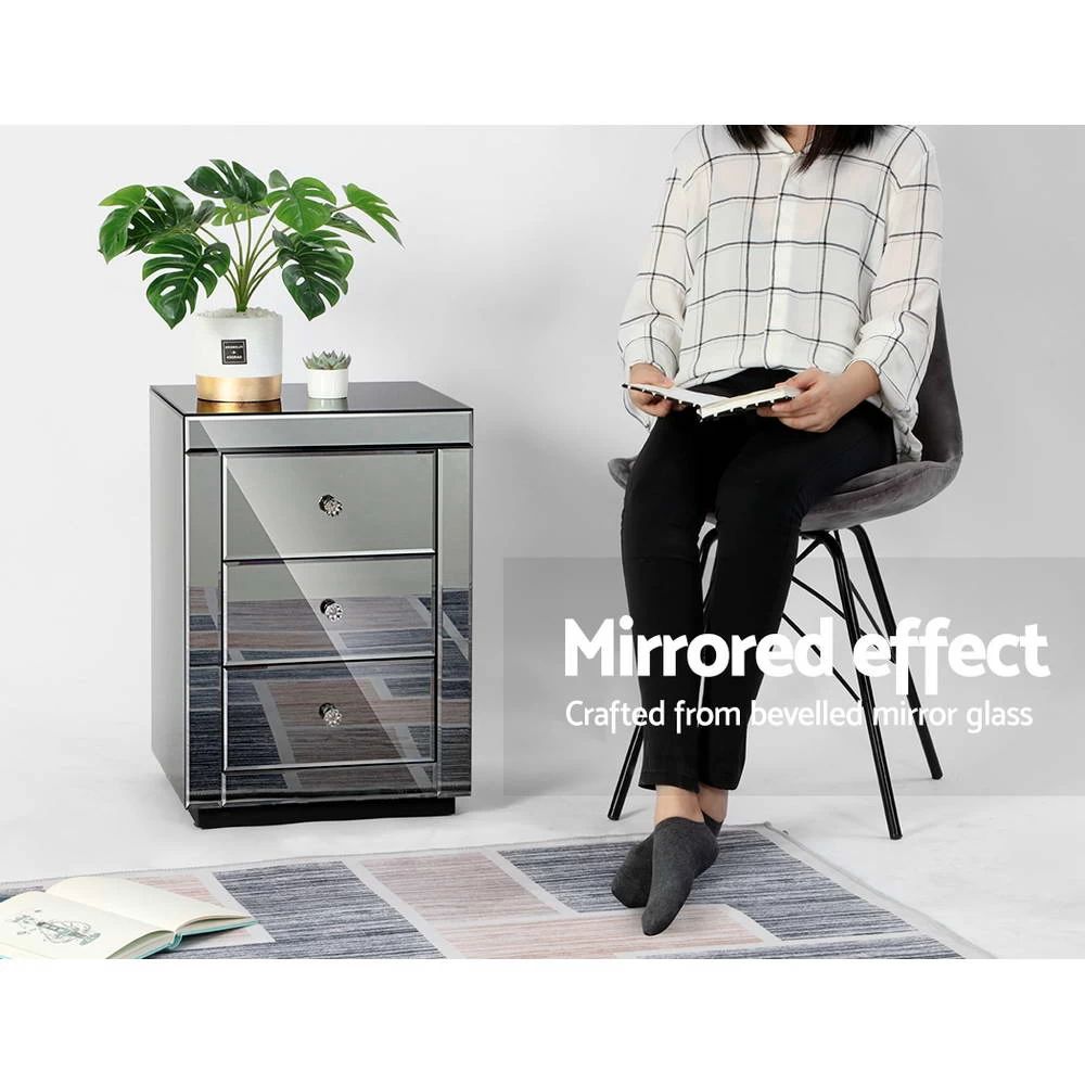 Artiss Mirrored Bedside Table Drawers Furniture Mirror Glass Presia Smoky Grey 6 Artiss Mirrored Bedside Table Drawers Furniture Mirror Glass Presia Smoky Grey - Image 4