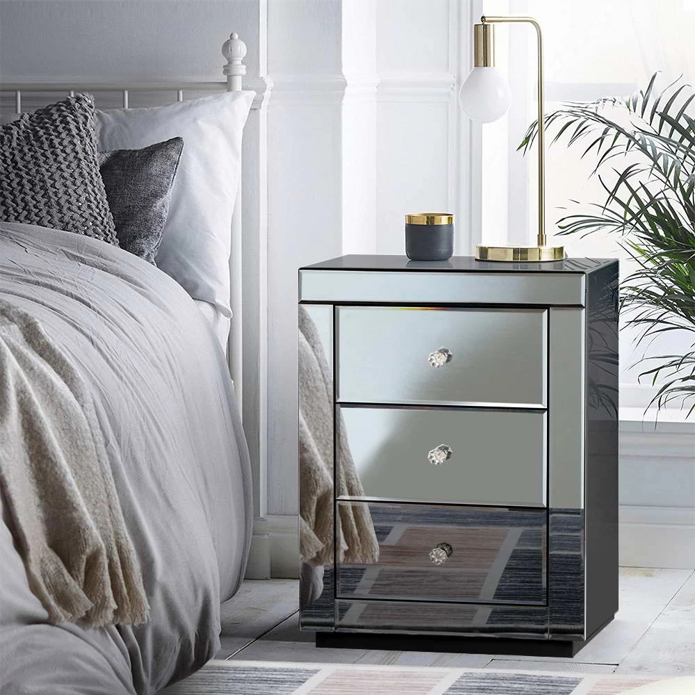 Artiss Mirrored Bedside Table Drawers Furniture Mirror Glass Presia Smoky Grey 9 Artiss Mirrored Bedside Table Drawers Furniture Mirror Glass Presia Smoky Grey - Image 7