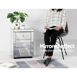 Artiss Mirrored Bedside Table Drawers Furniture Mirror Glass Presia Silver -Furniture Shop MF BT 7181 SR 03