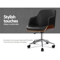 Artiss Wooden Office Chair Computer PU Leather Desk Chairs Executive Black Wood -Furniture Shop OCHAIR BS 5639 BK 02
