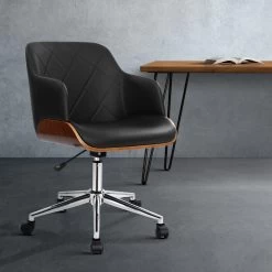 Artiss Wooden Office Chair Computer PU Leather Desk Chairs Executive Black Wood -Furniture Shop OCHAIR BS 5639 BK 99