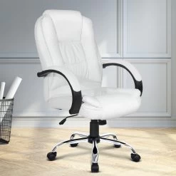PU Leather Padded Office Desk Computer Chair – White -Furniture Shop OCHAIR G 9127 WH 99