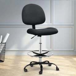 Artiss Office Chair Veer Drafting Stool Fabric Chairs Black -Furniture Shop OCHAIR G RING 07B BK 99