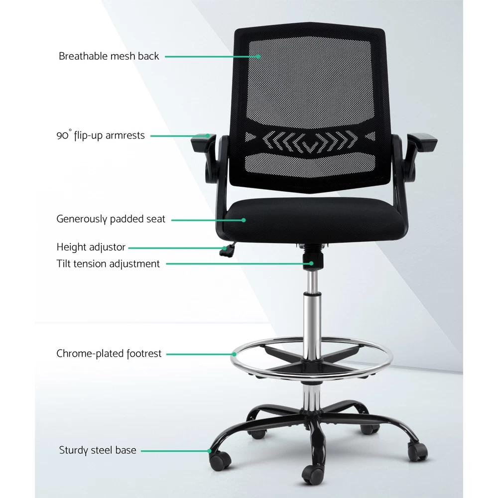 Artiss Office Chair Veer Drafting Stool Mesh Chairs Flip Up Armrest Black 5 Artiss Office Chair Veer Drafting Stool Mesh Chairs Flip Up Armrest Black - Image 3
