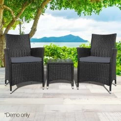 Gardeon 3pc Rattan Bistro Wicker Outdoor Furniture Set Black -Furniture Shop ODF BISTRO RATTAN S BK 07