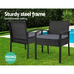 2x Outdoor Dining Chairs Wicker Chair Patio Garden Furniture Lounge Setting Bistro Set Cafe Cushion Gardeon Black -Furniture Shop ODF CHAIR TEA BK 2X 03 1