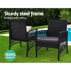 Gardeon Outdoor Furniture Dining Chairs Rattan Garden Patio Cushion Black 3PCS Tea Coffee Cafe Bar Set -Furniture Shop ODF CHAIRSET HARP 03