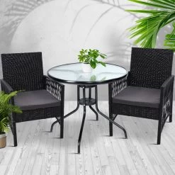 Gardeon Outdoor Furniture Dining Chairs Rattan Garden Patio Cushion Black 3PCS Tea Coffee Cafe Bar Set -Furniture Shop ODF CHAIRSET HARP 99