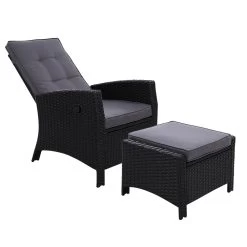 Sun Lounge Recliner Chair Wicker Lounger Sofa Day Bed Outdoor Furniture Patio Garden Cushion Ottoman Black Gardeon