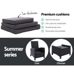 Sun Lounge Recliner Chair Wicker Lounger Sofa Day Bed Outdoor Furniture Patio Garden Cushion Ottoman Black Gardeon -Furniture Shop ODF RECLINER CHOTM BK 05