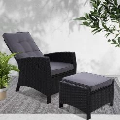 Sun Lounge Recliner Chair Wicker Lounger Sofa Day Bed Outdoor Furniture Patio Garden Cushion Ottoman Black Gardeon -Furniture Shop ODF RECLINER CHOTM BK 99