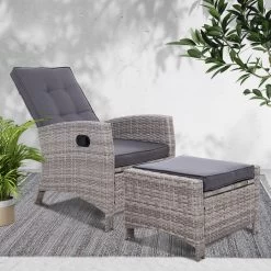 Sun Lounge Recliner Chair Wicker Lounger Sofa Day Bed Outdoor Furniture Patio Garden Cushion Ottoman Grey Gardeon -Furniture Shop ODF RECLINER CHOTM GE 99