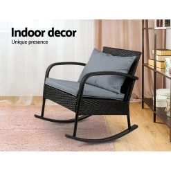 Gardeon Outdoor Furniture Rocking Chair Wicker Garden Patio Lounge Setting Black -Furniture Shop ODF ROCK E CHAIR BK 04