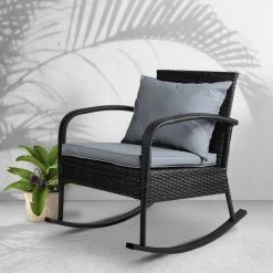 Gardeon Outdoor Furniture Rocking Chair Wicker Garden Patio Lounge Setting Black -Furniture Shop ODF ROCK E CHAIR BK 06