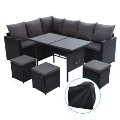 Gardeon Outdoor Furniture Dining Setting Sofa Set Wicker 9 Seater Storage Cover Black