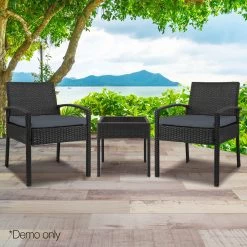 Gardeon 3-piece Outdoor Set – Black -Furniture Shop ODF TEA RATTAN S BK 08