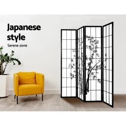 Artiss 4 Panel Room Divider Screen Privacy Dividers Pine Wood Stand Shoji Bamboo Black White -Furniture Shop RD 5019 4P BK 04