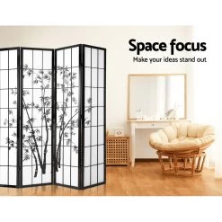 Artiss 4 Panel Room Divider Screen Privacy Dividers Pine Wood Stand Shoji Bamboo Black White -Furniture Shop RD 5019 4P BK 05