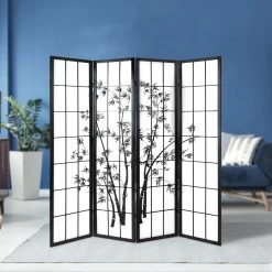 Artiss 4 Panel Room Divider Screen Privacy Dividers Pine Wood Stand Shoji Bamboo Black White -Furniture Shop RD 5019 4P BK 06