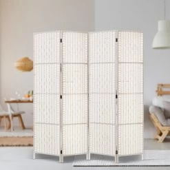 Artiss 4 Panels Room Divider Screen Privacy Rattan Timber Fold Woven Stand White -Furniture Shop RD C 8001 4P WH 06