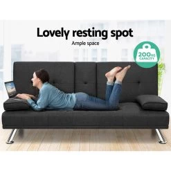 Artiss Linen Fabric 3 Seater Sofa Bed Recliner Lounge Couch Cup Holder Futon Dark Grey -Furniture Shop SBED E R1C GY 03