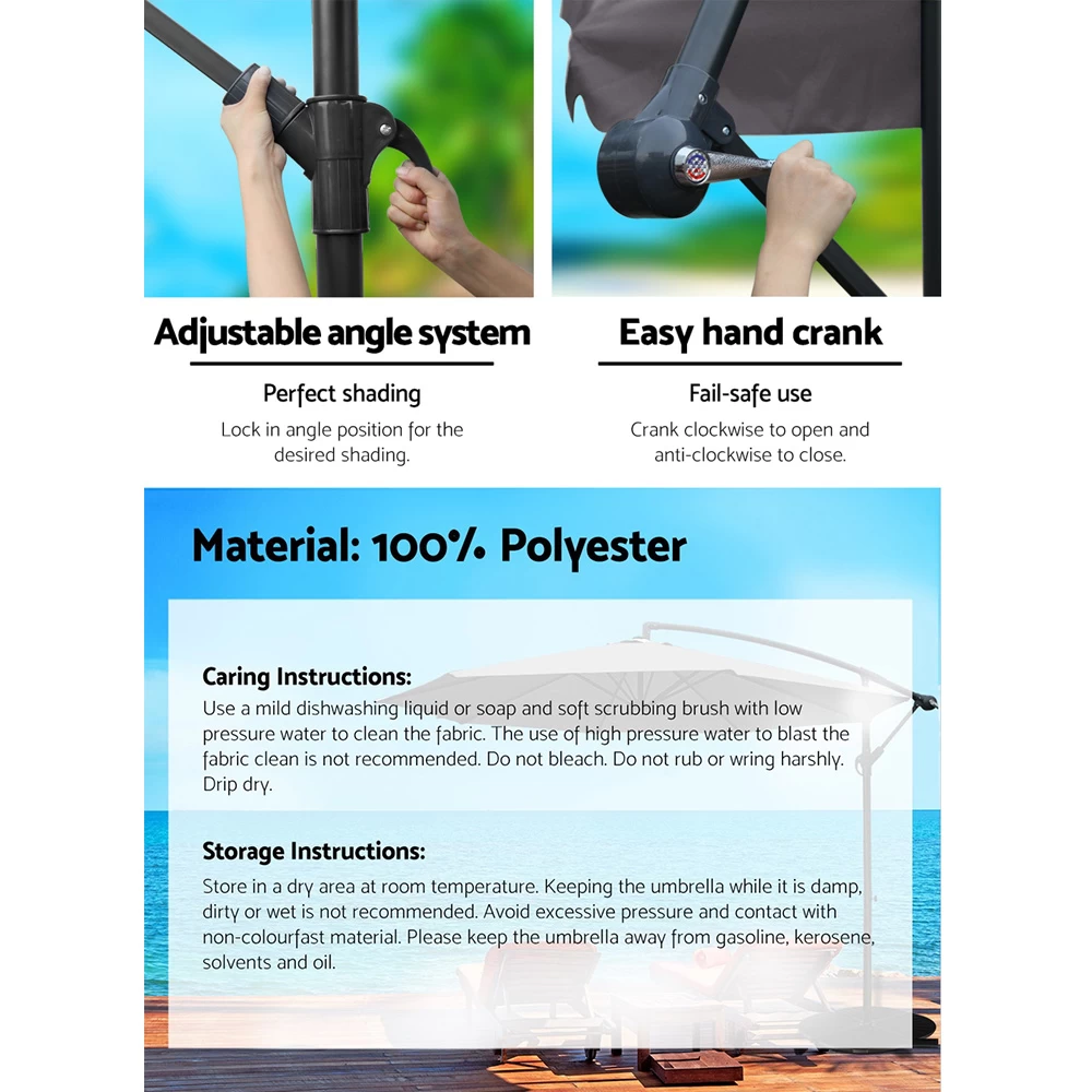 Instahut 3M Outdoor Furniture Garden Umbrella Charcoal 8 Instahut 3M Outdoor Furniture Garden Umbrella Charcoal - Image 6