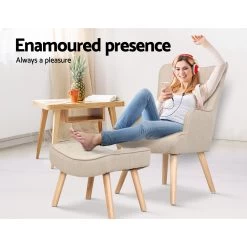 Artiss Armchair Lounge Chair Fabric Sofa Accent Chairs And Ottoman Beige -Furniture Shop UPHO B ARM05STO BG 03