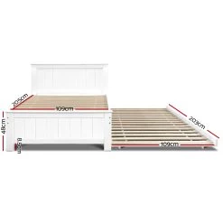 Artiss Wooden Trundle Bed Frame Timber Slat King Single Size White -Furniture Shop WBED D 03KS 107 AB 02