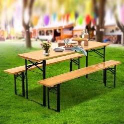 Artiss Wooden Outdoor Foldable Bench Set – Natural -Furniture Shop WOOD B BTS 178462 NT AB 06