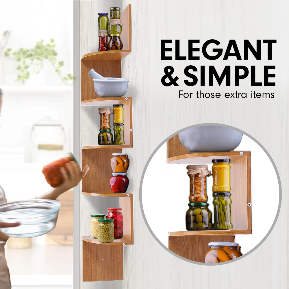 5-Tier Corner Wall Shelf Display Storage Shelves – Beech 4 5-Tier Corner Wall Shelf Display Storage Shelves – Beech - Image 2