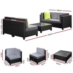 Gardeon 5 Piece PE Wicker Outdoor Sofa – Black & Grey -Furniture Shop ff bali bk abc 02